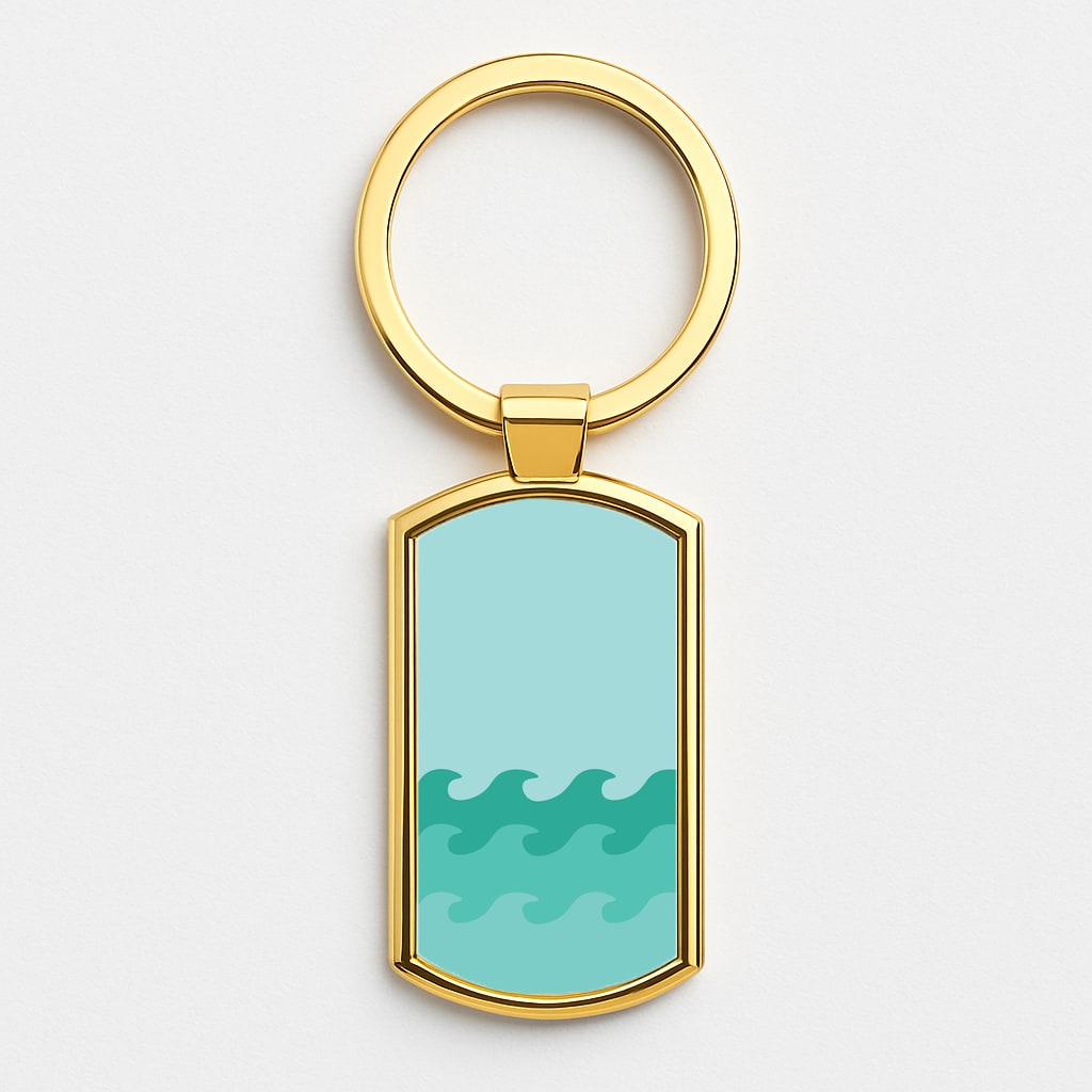 Cyan Beach Waves Pattern Gold Keyring
