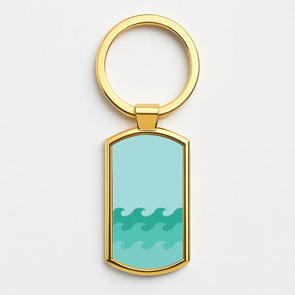 Cyan Beach Waves Pattern Gold Keyring