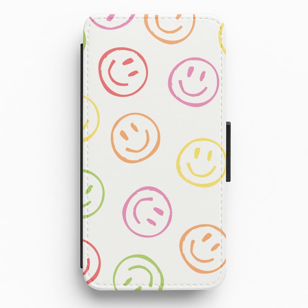 Colourful Sketched Smileys Pattern Flip / Wallet Phone Case