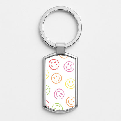 Colourful Sketched Smileys Pattern Silver Keyring