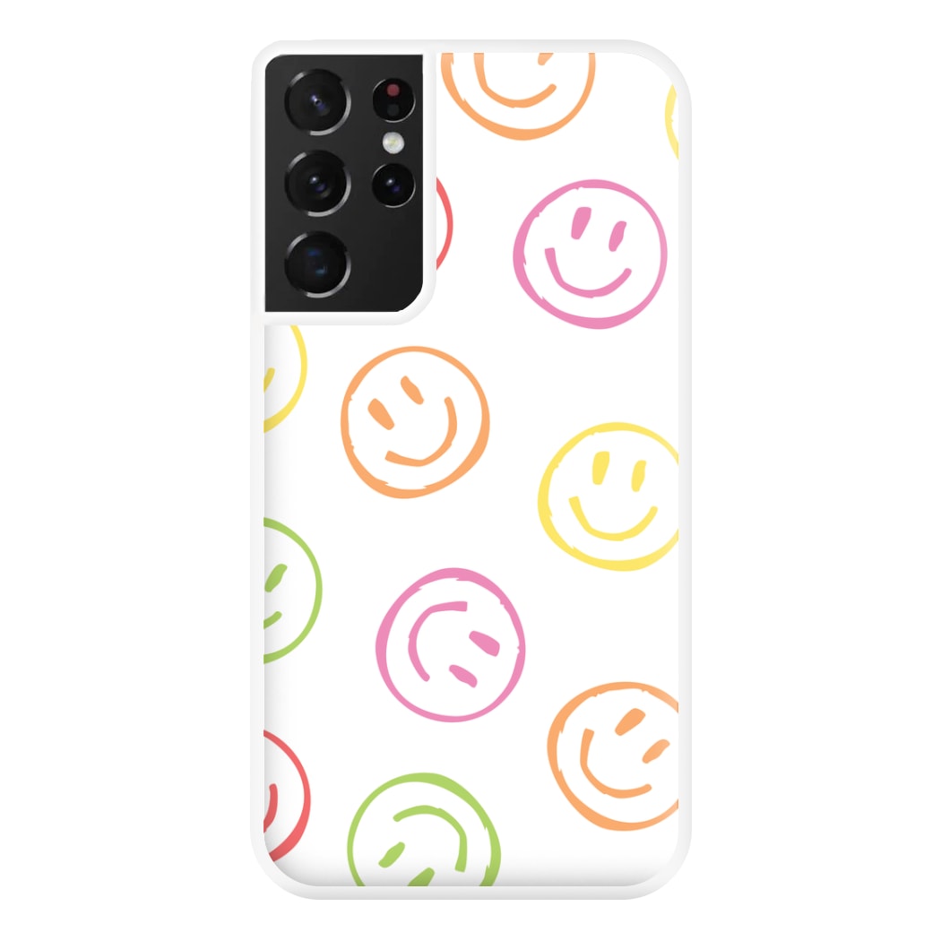 Colourful Sketched Smileys Pattern Phone Case for Galaxy S21 Ultra
