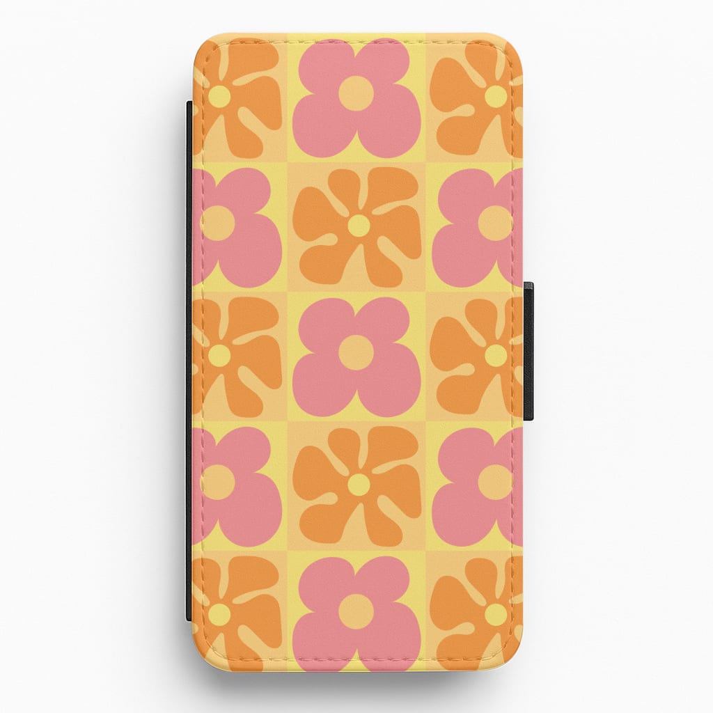 Summer Flowers Checkered Pattern Flip / Wallet Phone Case