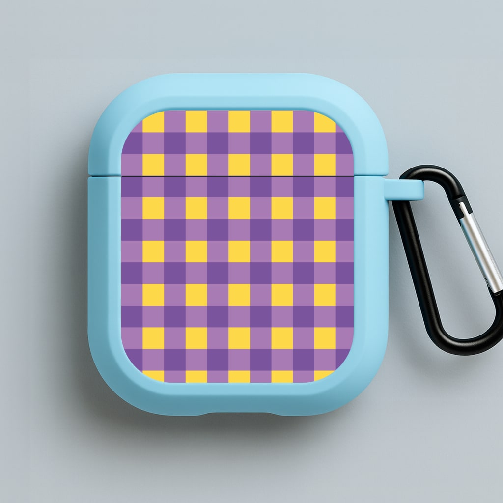 Purple And Yellow Checkered Pattern Blue AirPods Case