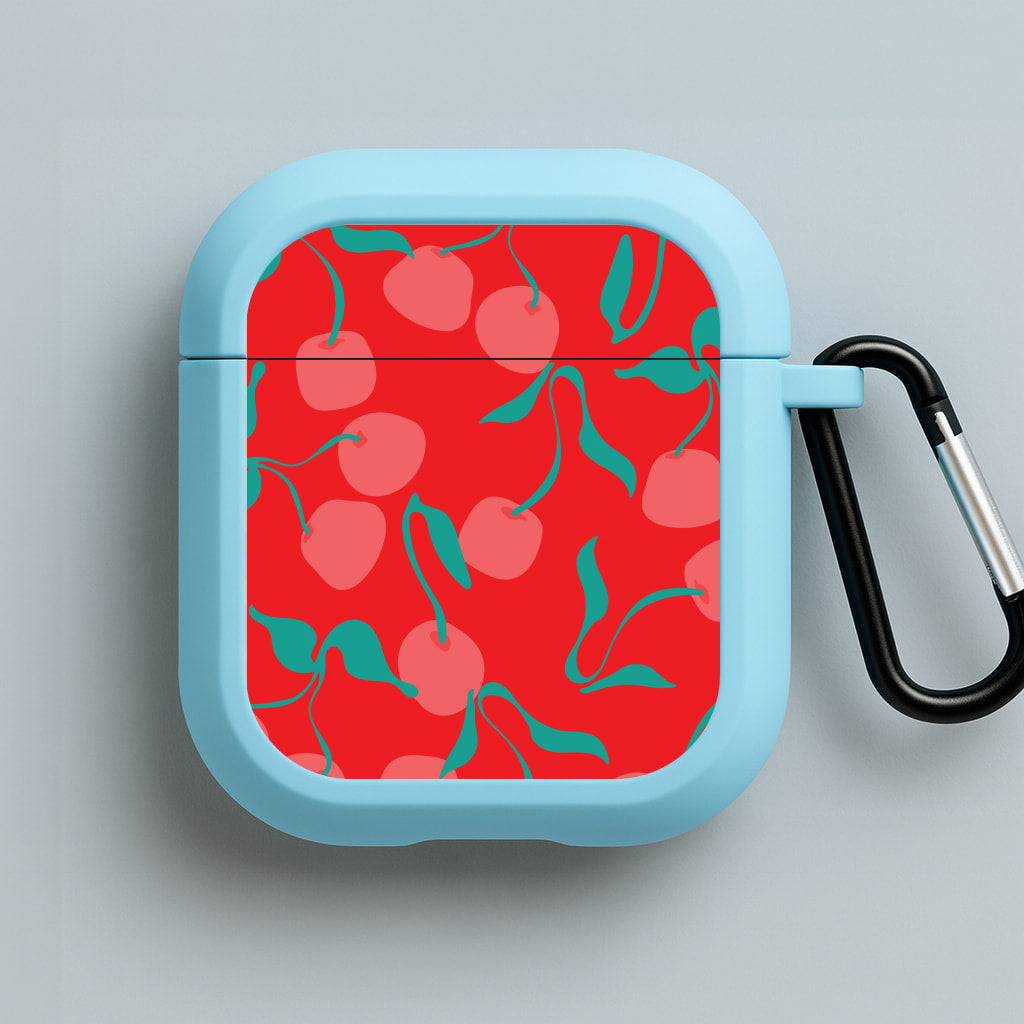 Red Abstract Cherries Pattern Blue AirPods Case