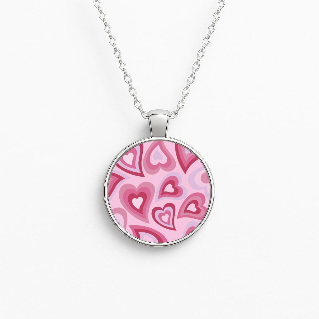 Pink Hearts - Trippy Patterns Circle Necklace