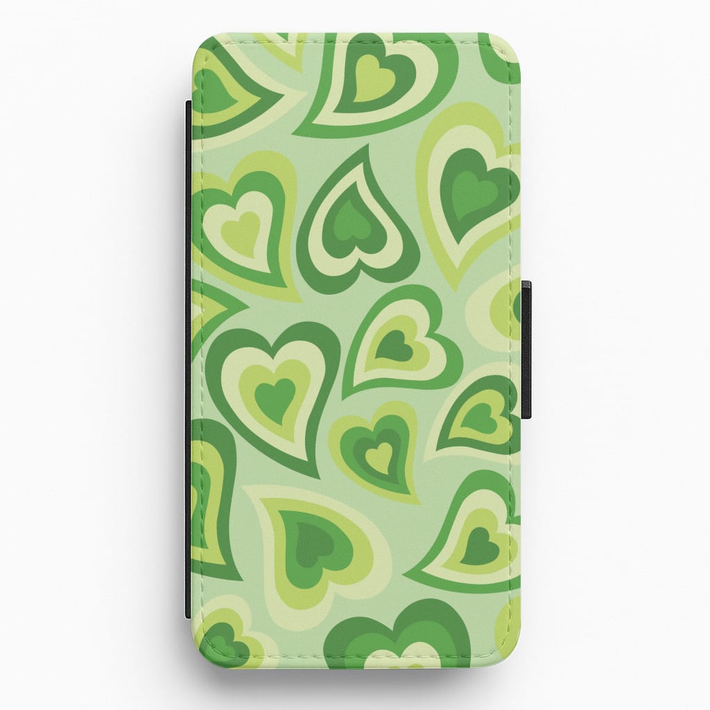 Green Hearts - Trippy Patterns Flip / Wallet Phone Case