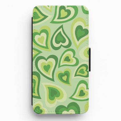 Green Hearts - Trippy Patterns Flip / Wallet Phone Case