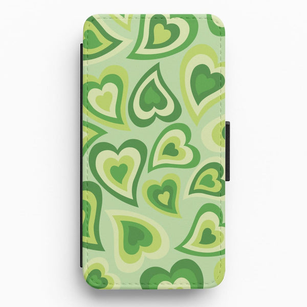 Green Hearts - Trippy Patterns Flip / Wallet Phone Case