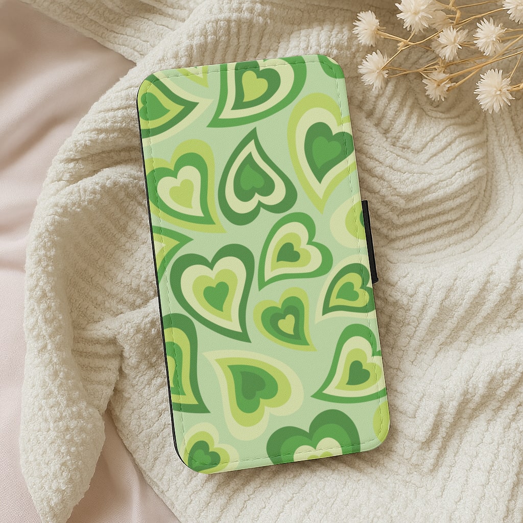 Green Hearts - Trippy Patterns Wallet Phone Case