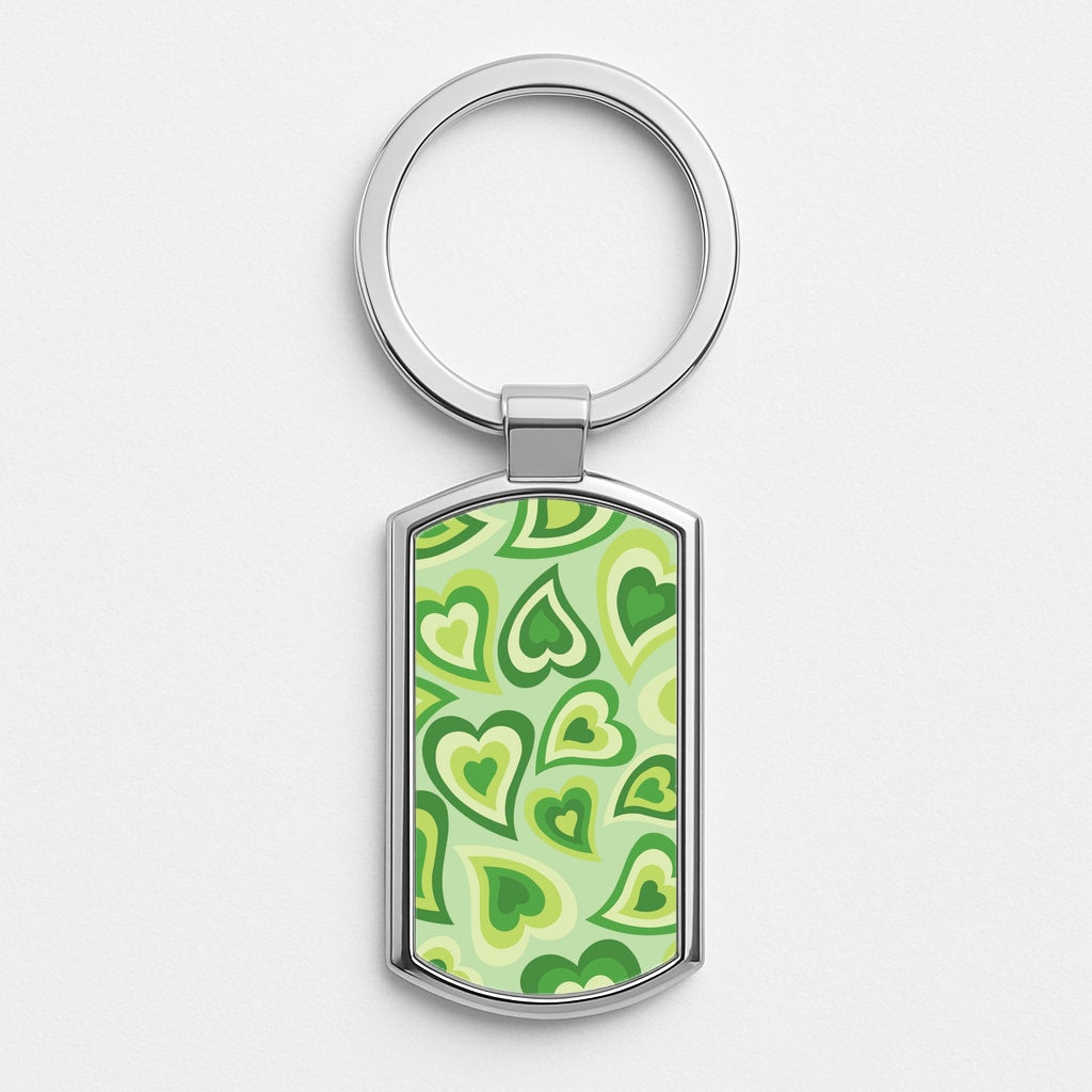 Green Hearts - Trippy Patterns Silver Keyring