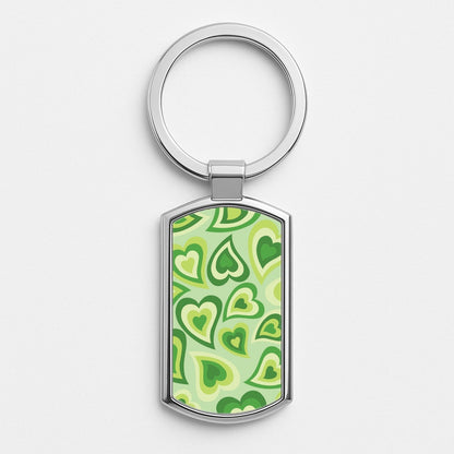 Green Hearts - Trippy Patterns Silver Keyring