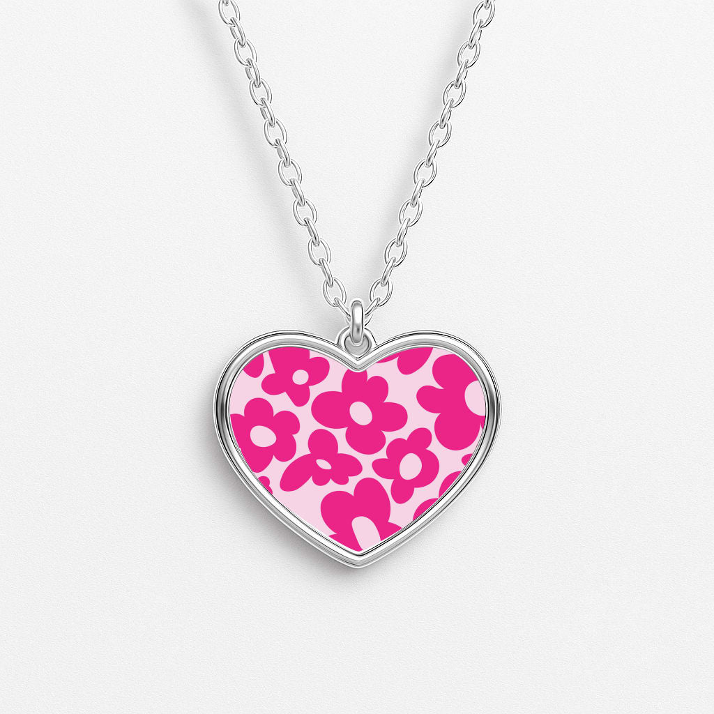 Pink Flowers - Trippy Patterns Heart Necklace