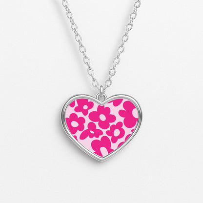 Pink Flowers - Trippy Patterns Heart Necklace