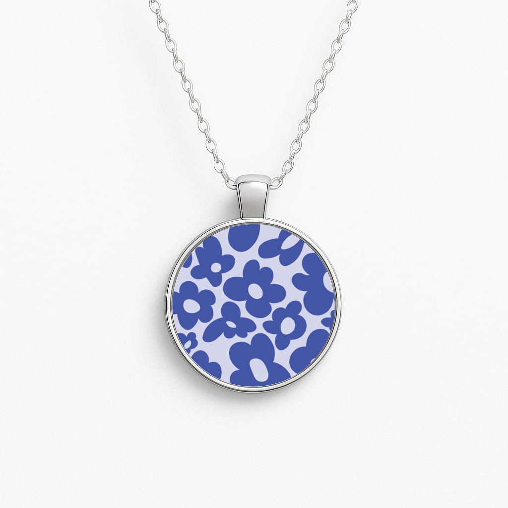 Blue Flowers - Trippy Patterns Circle Necklace