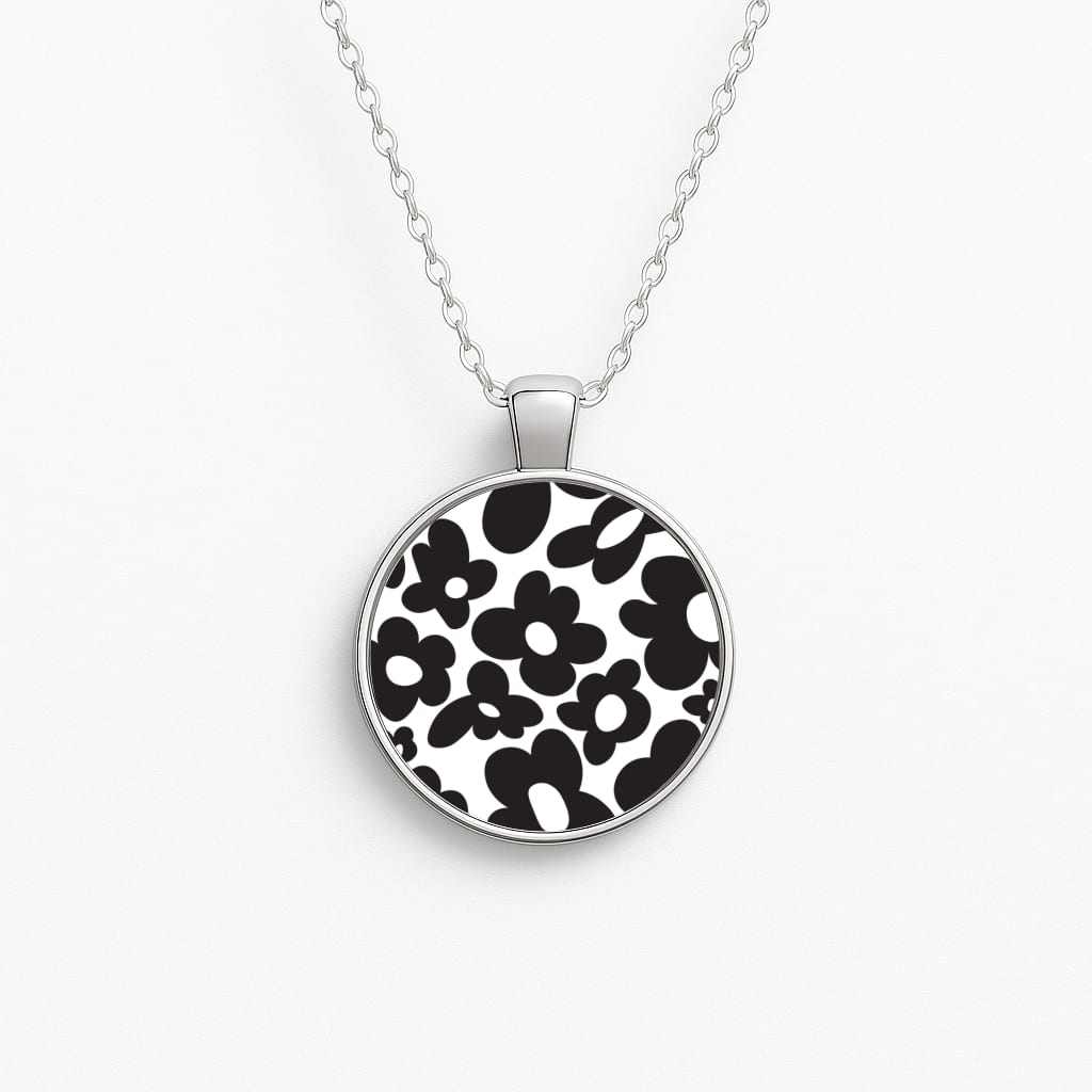 Black Flowers - Trippy Patterns Circle Necklace