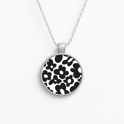 Black Flowers - Trippy Patterns Circle Necklace