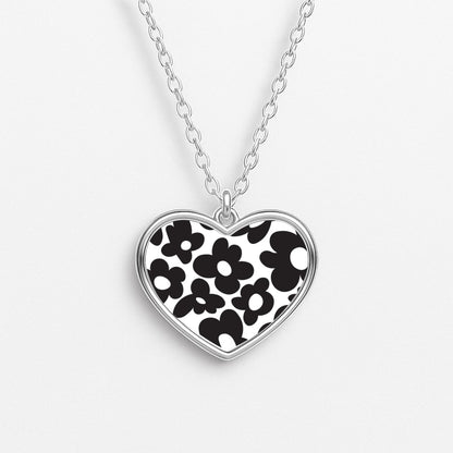Black Flowers - Trippy Patterns Heart Necklace