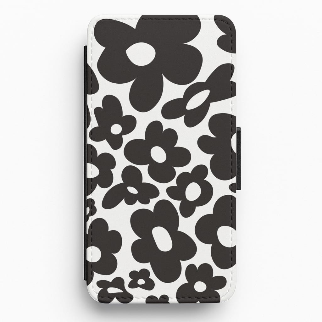 Black Flowers - Trippy Patterns Flip / Wallet Phone Case