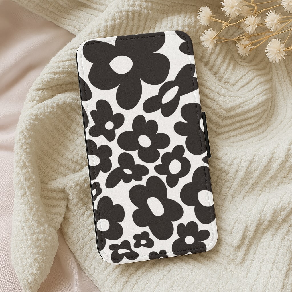 Black Flowers - Trippy Patterns Wallet Phone Case