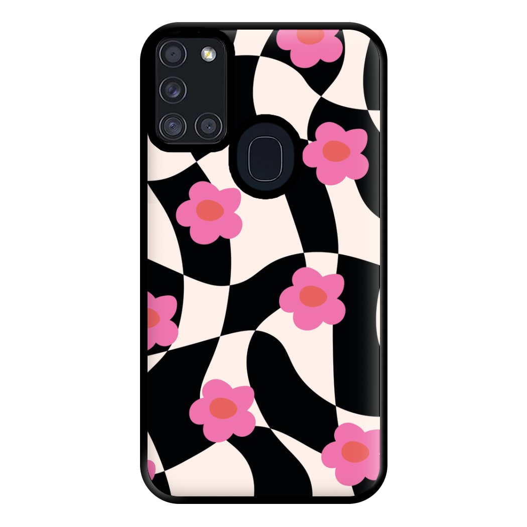 Checkboard Flowers - Trippy Patterns Phone Case for Galaxy A21s