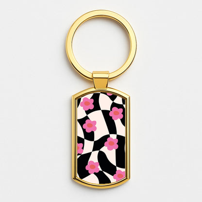 Checkboard Flowers - Trippy Patterns Gold Keyring