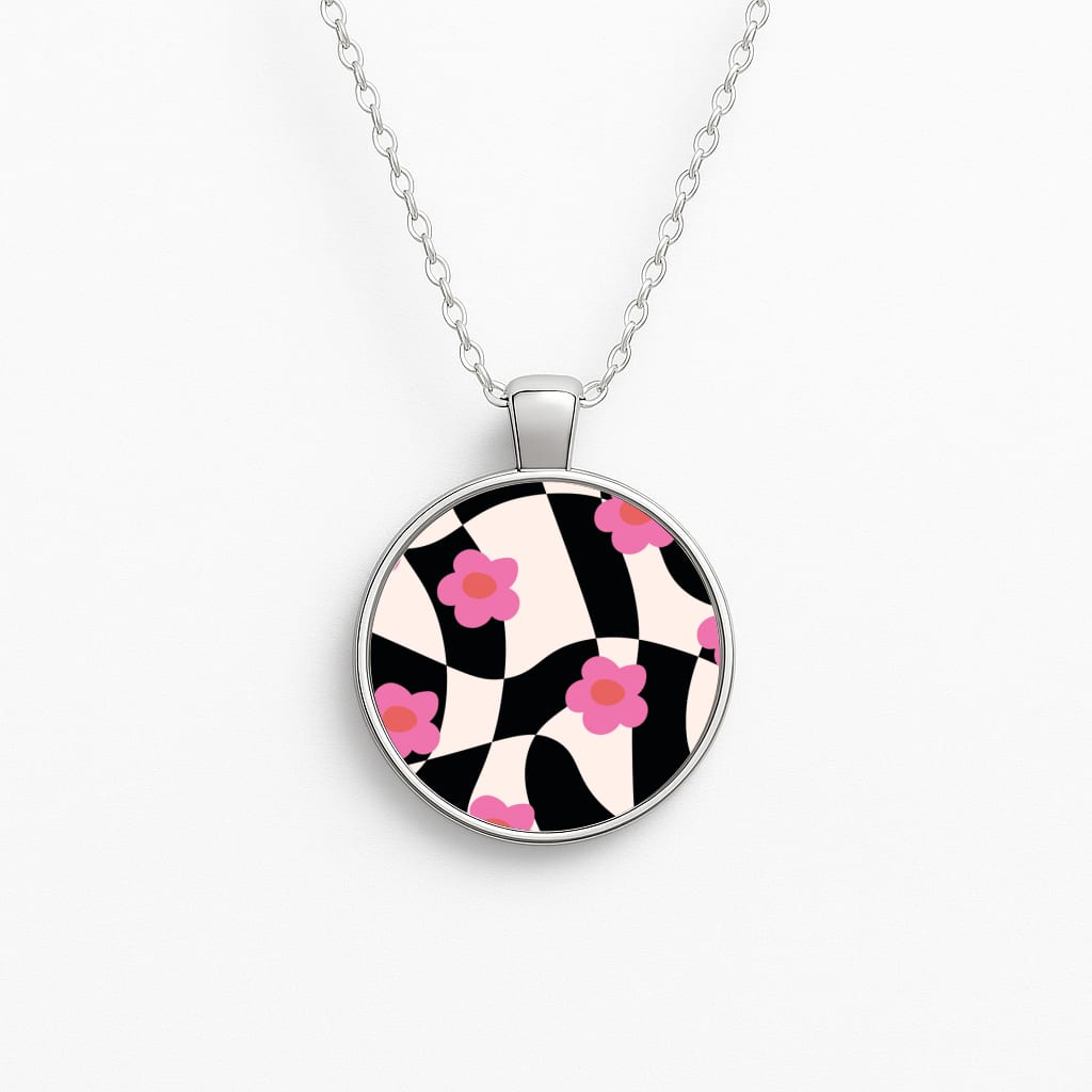 Checkboard Flowers - Trippy Patterns Circle Necklace