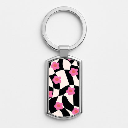 Checkboard Flowers - Trippy Patterns Silver Keyring
