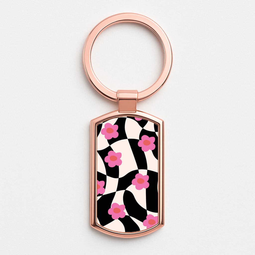 Checkboard Flowers - Trippy Patterns Rose Gold Keyring