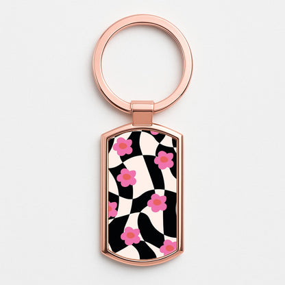 Checkboard Flowers - Trippy Patterns Rose Gold Keyring