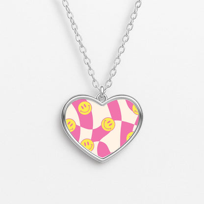 Smiley Checkboard - Trippy Patterns Heart Necklace