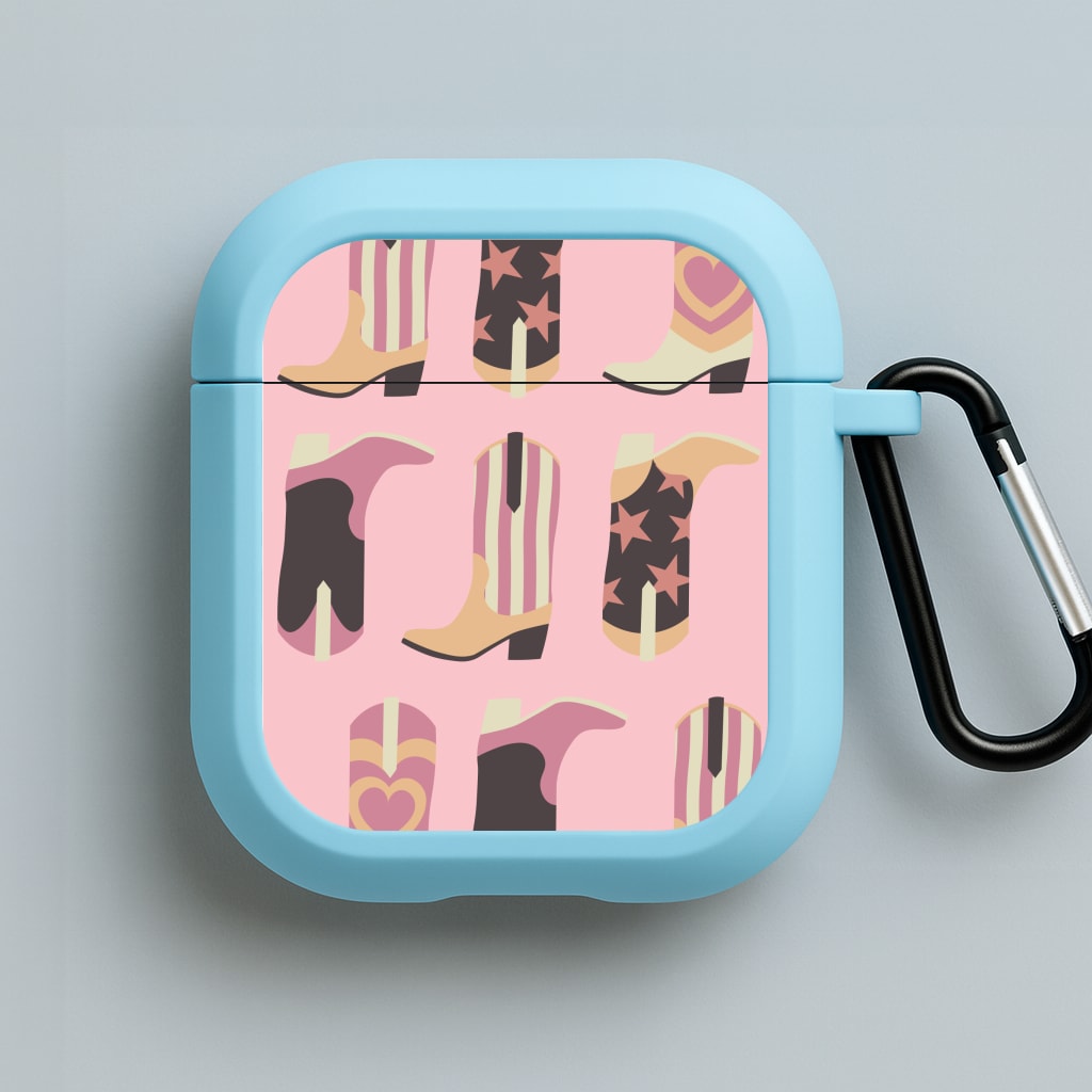 Dusty Pink Cowboy Boots Pattern Blue AirPods Case