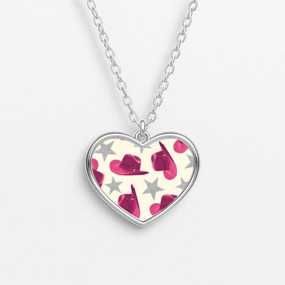 Pink Cowboy Hats And Stars Pattern Heart Necklace