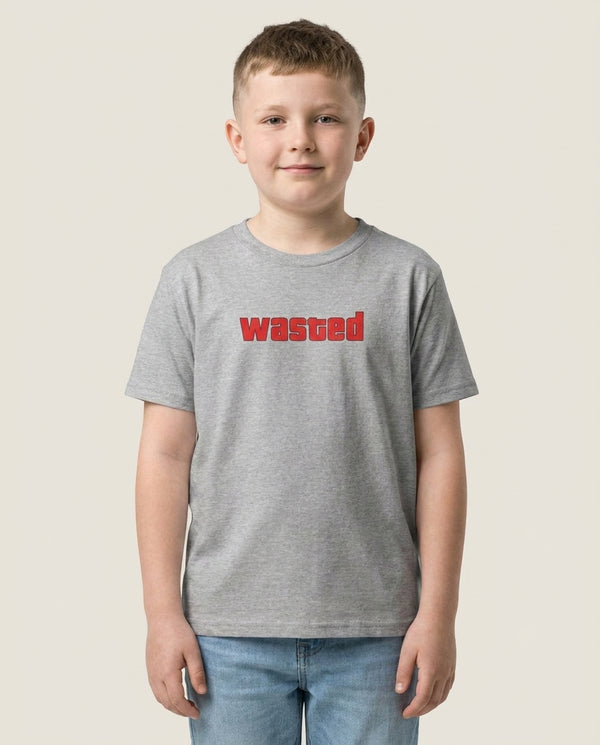 Wasted - Video Game Kids T-Shirt — Grey Front, worn