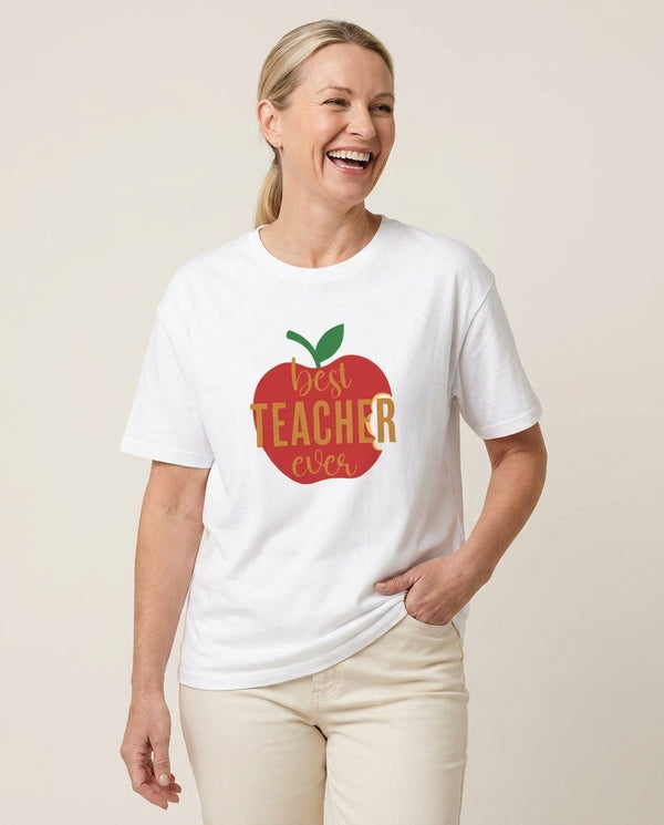 Apple Best Teacher Ever T-Shirt — White Front, worn
