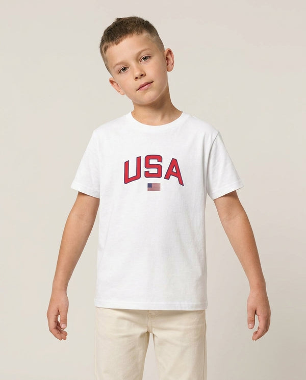 USA Team Kit Kids T-Shirt — White Front, worn