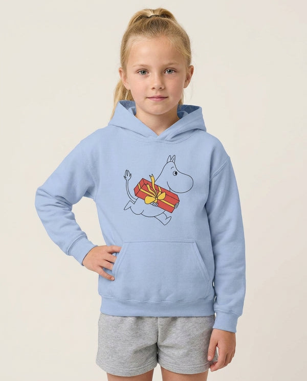 Red Present Moom Kids Hoodie — Blue Front, worn