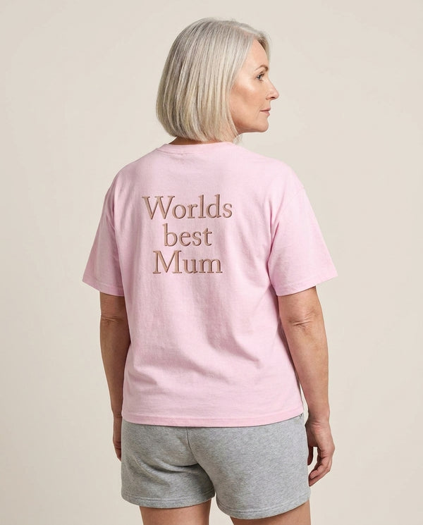 Worlds Best Mum - Floral Mother's Day T-Shirt — Pink Back, worn