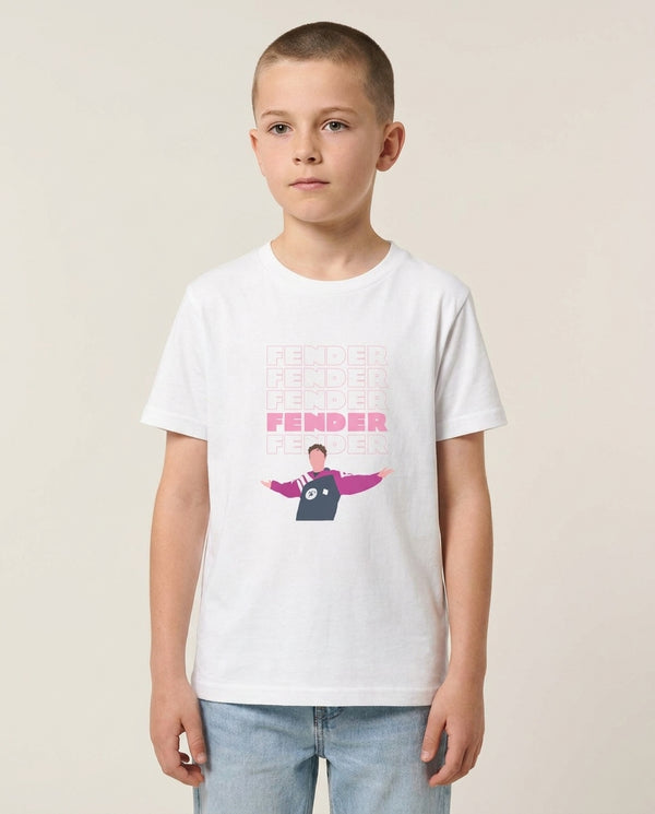 Fender Pink Sports Jersey Kids T-Shirt — White Front, worn