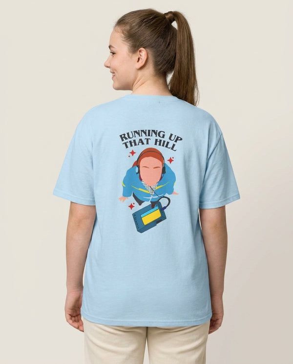 Running Up That Hill T-Shirt — Blue Back, worn