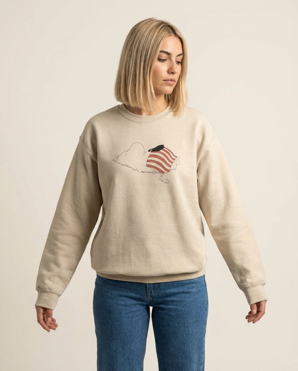 Moom On Grass Sweatshirt — Sand Front, worn
