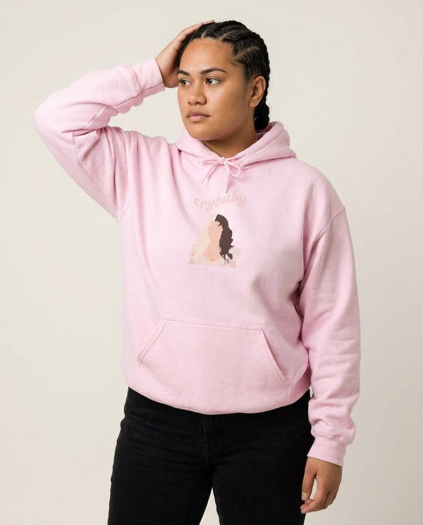 Crybaby Hoodie — Pink Front, worn