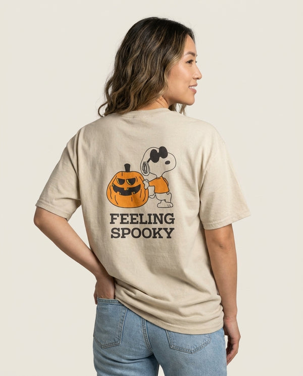 Feeling Spooky Cartoon Beagle T-Shirt — Sand Back, worn