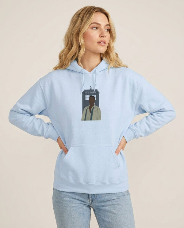 The Doctor Hoodie — Blue Front, worn