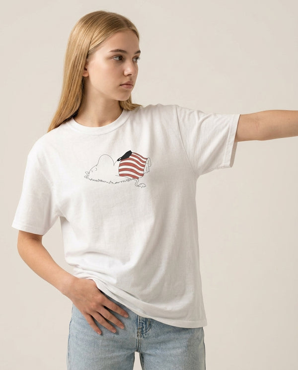 Moom On Grass T-Shirt — White Front, worn