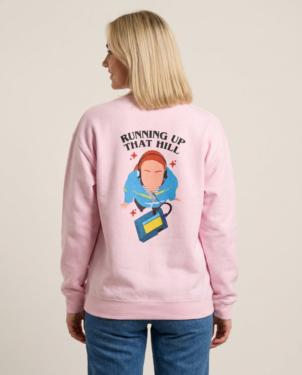 Running Up That Hill Sweatshirt — Pink Back, worn
