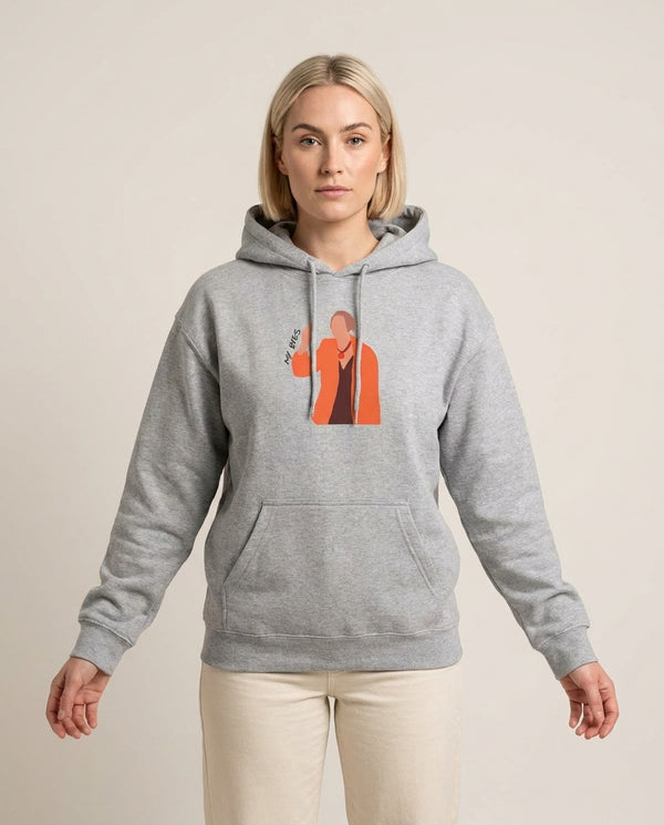 My Eyes Hoodie — Grey Front, worn