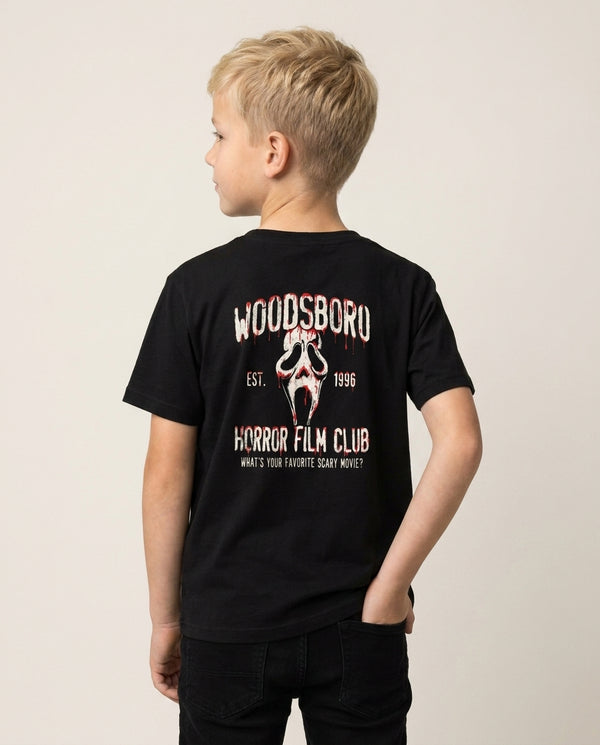 Woodsboro Horror Film Club Kids T-Shirt — Black Back, worn