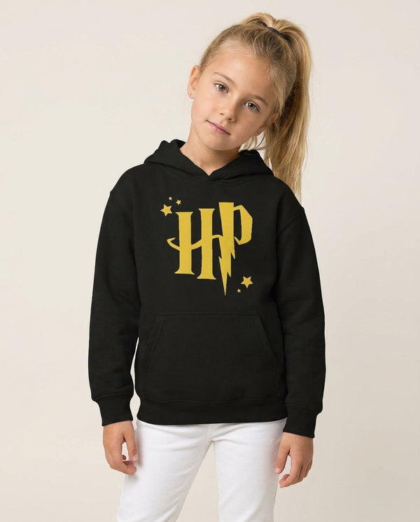 HP Kids Hoodie — Black Front, worn