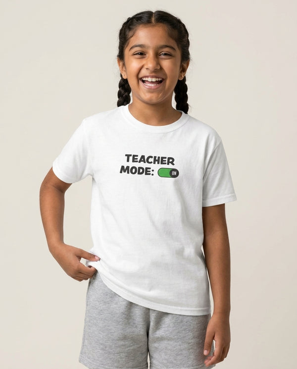 Teacher Mode On Kids T-Shirt — White Front, worn