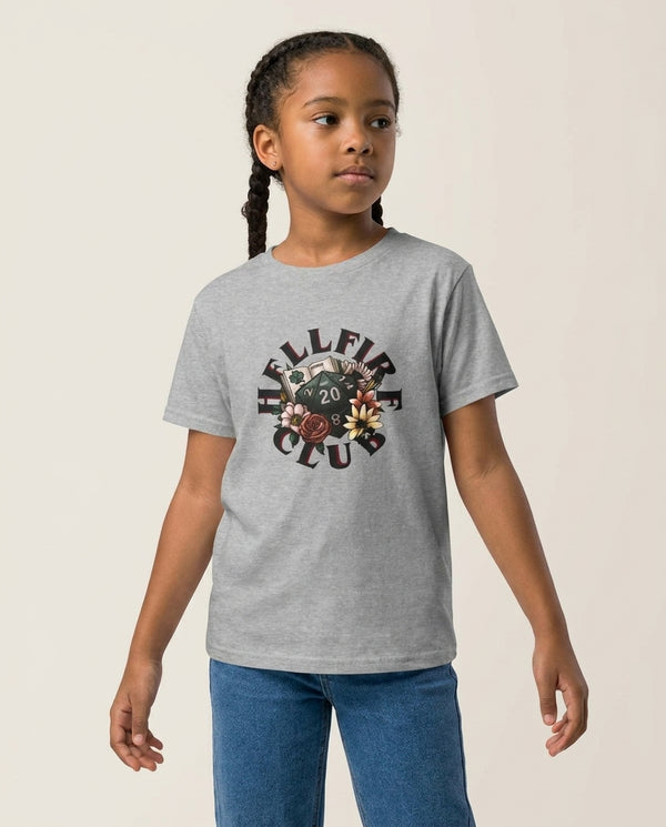 Hellfire Club Kids T-Shirt — Grey Front, worn